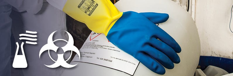 Gule og blå kemiske beskyttelseshandsker mockup-billede med farlige kemiske advarselssymboler